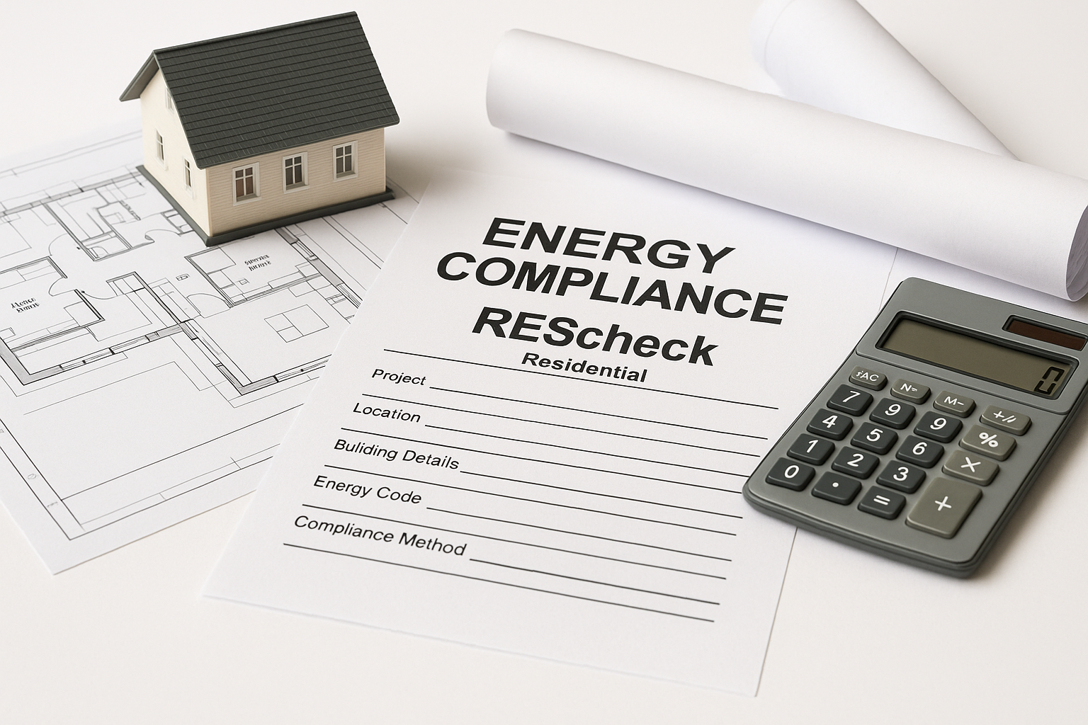 rescheck residential energy compliance form with house model architectural floor plan rolled blueprint and calculator on white surface
