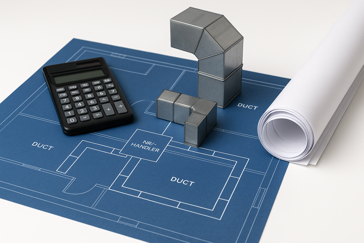 manual d hvac duct design layout with blueprint metal duct fittings calculator and rolled architectural plan on white surface