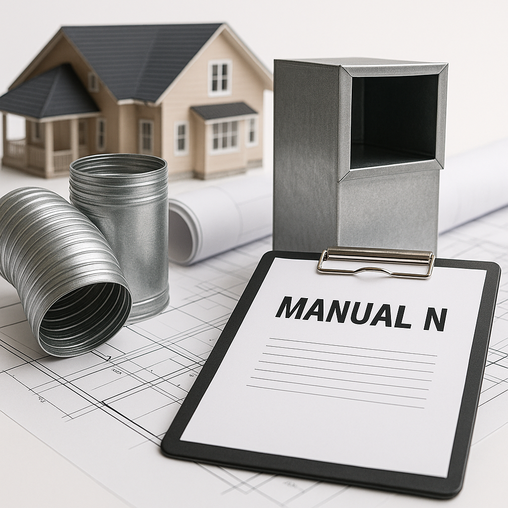 manual n hvac planning with clipboard duct fittings house model and blueprints on white desk