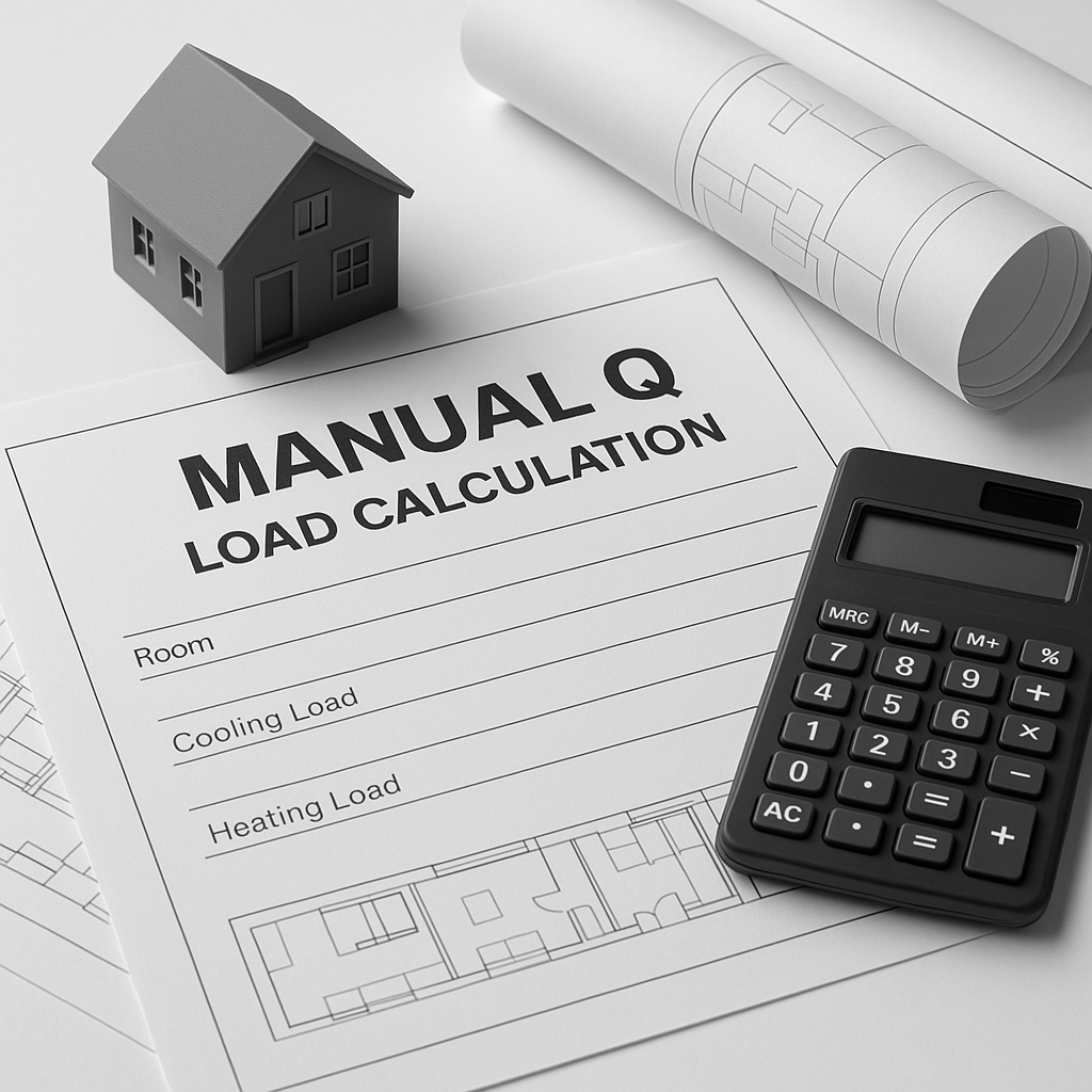 manual q load calculation form with house model calculator architectural blueprints and rolled plans on white surface